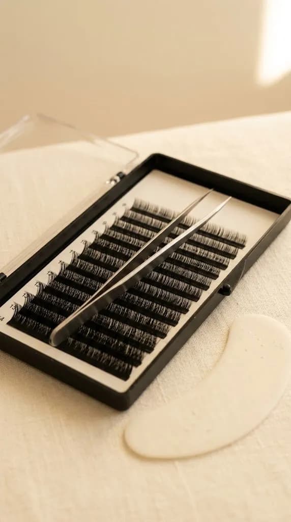 Paletes de extensões de pestanas de vários comprimentos ao lado de pinças finas