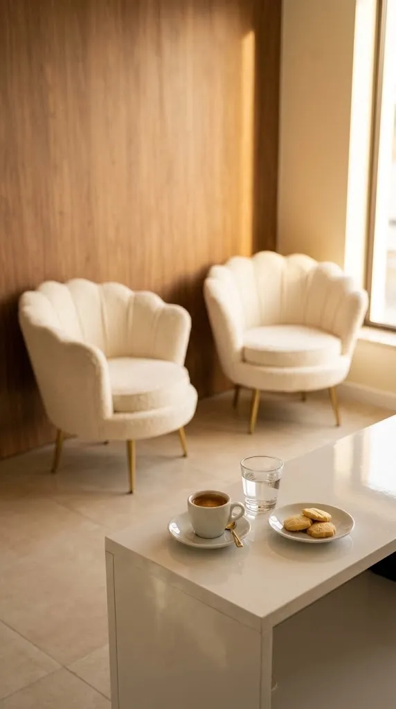 Chávena de café, um copo de água e bolachas numa consola branca junto a cadeiras creme em forma de concha