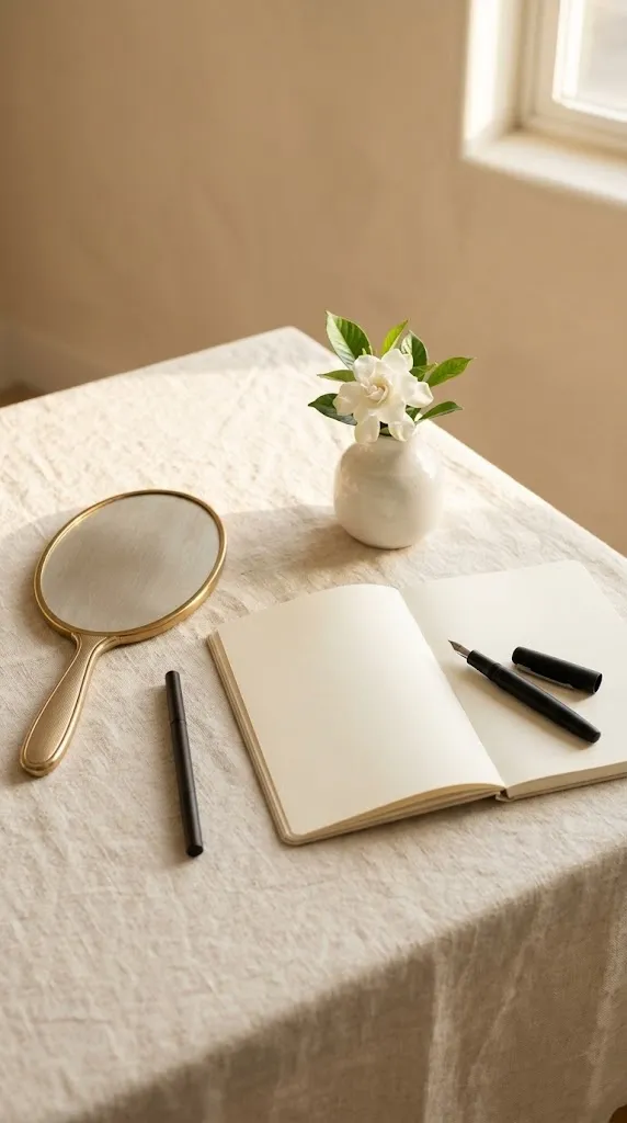 Um espelho de mão, um lápis de sobrancelhas e um caderno numa mesa creme, em luz quente