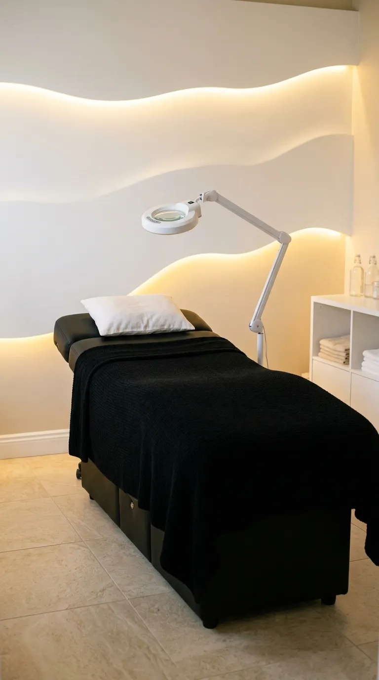 Uma marquesa com manta preta junto a uma parede com uma onda iluminada por trás
