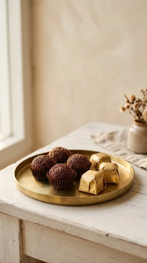 Chocolates embrulhados e brigadeiros numa pequena bandeja dourada