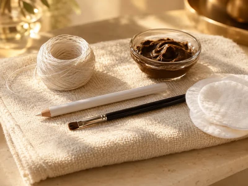 Linha de mapeamento de sobrancelhas, um lápis branco e um pincel numa toalha de linho