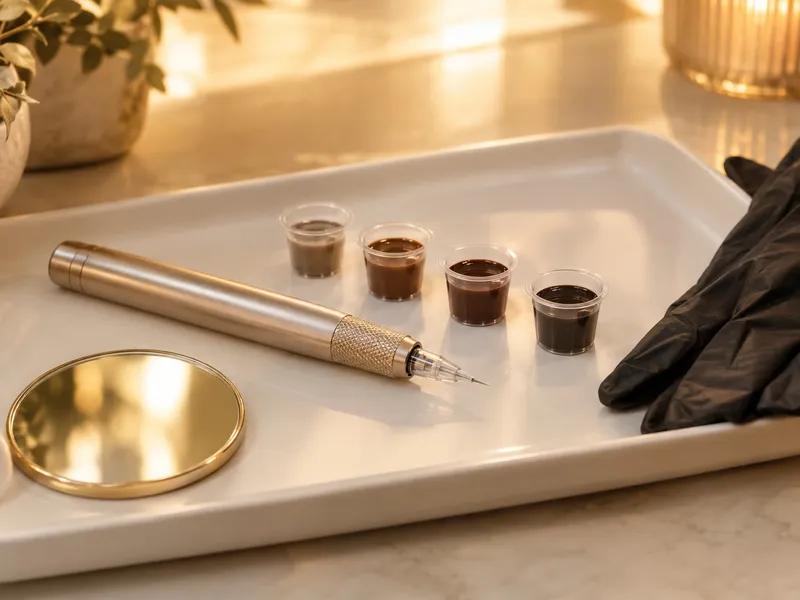 Uma caneta de micropigmentação e pequenos copos de pigmento num tabuleiro branco, em luz suave